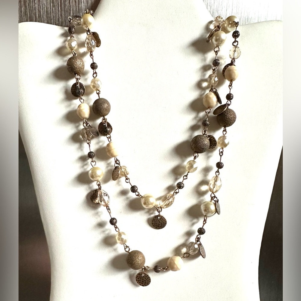 Adjustable Pearl, Crystal & Brass metallic beading & chain necklace 36” to 40”